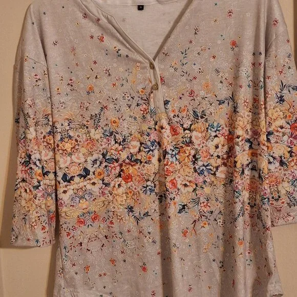 spring henley neck casual print 3/4 length sleeve - Picture 3 of 9